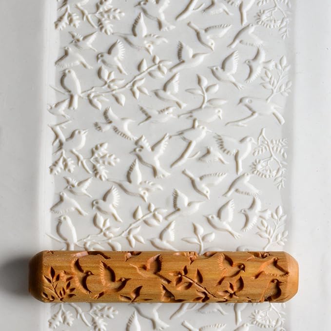 MKM Pottery Tools Wood Big Hand Rollers for Clay (BHR-120 Flock of Birds)