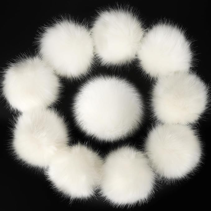 5in Large White Fluffy Pom Poms Crochet Accessories - 10pcs Faux Fur Pompom Balls Knitting Accessories for Hats, Beanies, Shoes, Scarves, Gloves, Bags, Keychains Charms