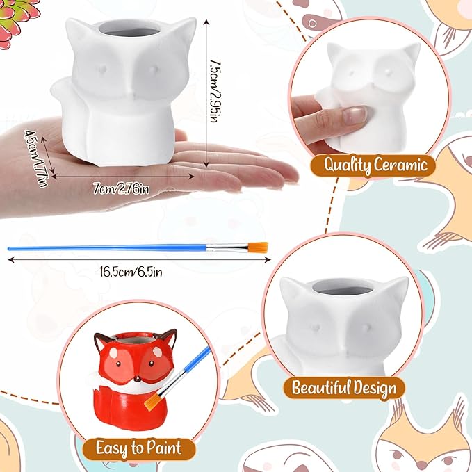 Pasimy 6 Set DIY Ceramic Succulent Planter Pots Paint Your Own Flower Pots Craft Kit Unpainted Bisque Paintable Flowerpot with Brush Palette Ready to Paint for Family Activity Gift(Fox)