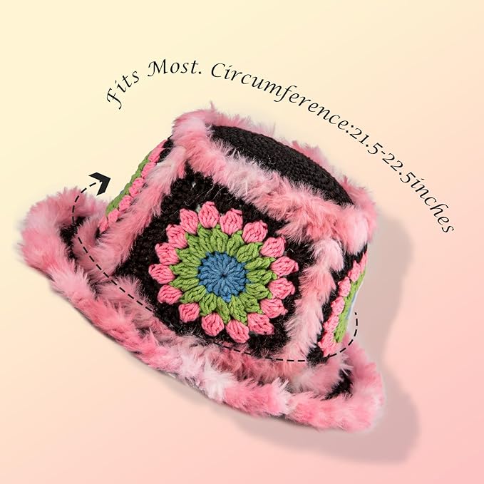 Noocro Crochet Kit for Beginners or Intermediate Level, Fuzzy Granny Square Bucket Hat, Step by Step Video Tutorial, Detailed Instruction Complete Kit Craft Supplies Holiday Gift (Black Pink)