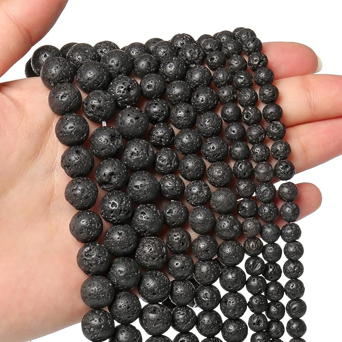 60pcs 6mm Natural Stone Beads Black Lava Beads Crystal Gemstone for Jewelry Making, DIY Bracelet Necklace