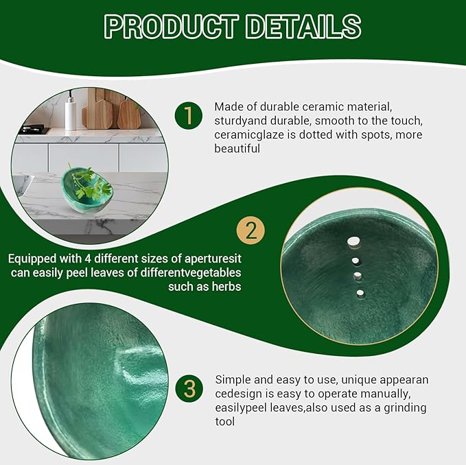 Pottery Herb Stripper Bowl – 4-Slot Herb Stripper with Multiple Hole Sizes, Ergonomic Design, Separating Leaves and Stems for Thyme, Basil, Rosemary, and More (White)