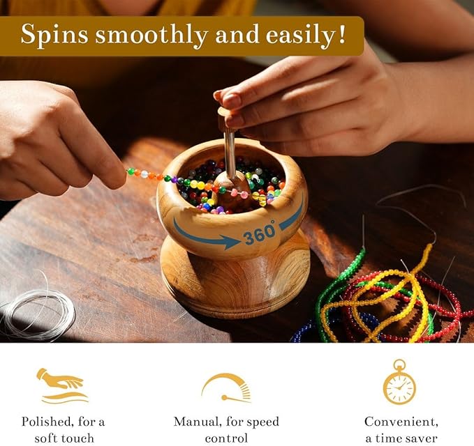 SHOP LC DELIVERING JOY Seed Bead Spinner for Bracelet Making Kit - Clay Beads Spinner with Big Eye Beading Needle and 3 Meter Long Thread Wooden Crafting Birthday Gifts for Womens - Teak Wood