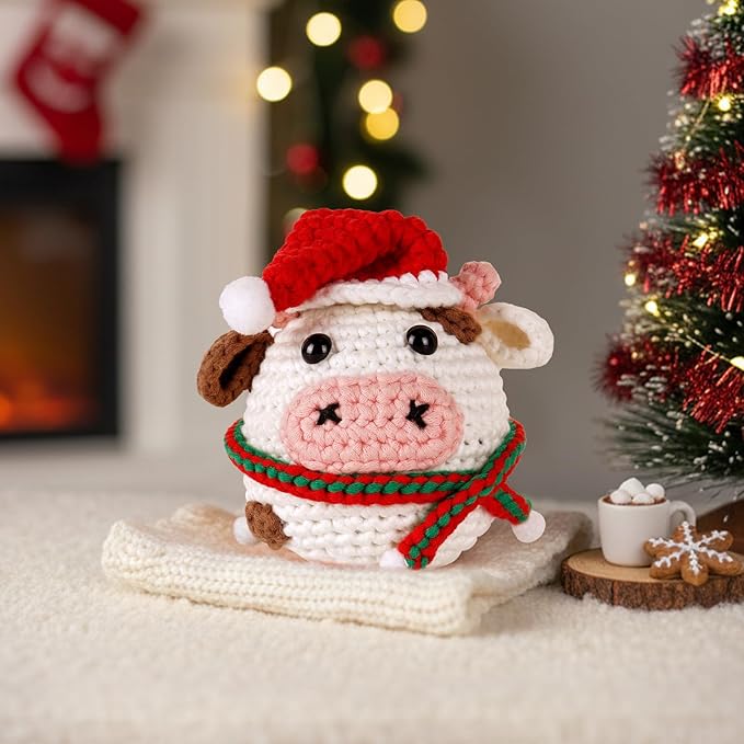 CrochetBox Crochet Kit for Beginners Adults - Christmas Cow Starters Crochet Kit, Beginners Crocheting Kitting for Adults Teen, Craft Gifts with Crochets Yarns, Hook, Step-by-Step Video, Instruction