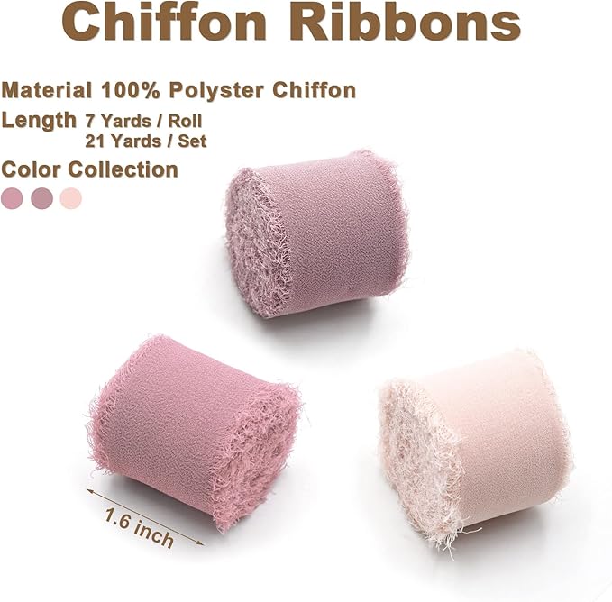 3 Rolls Dusty Rose Handmade Fringe Chiffon Ribbon 1.5 Inch x 7 Yard Silk-Like Colorful Rustic Ribbon for Bouquets Wrapping Decor Wedding Invitation Accessories