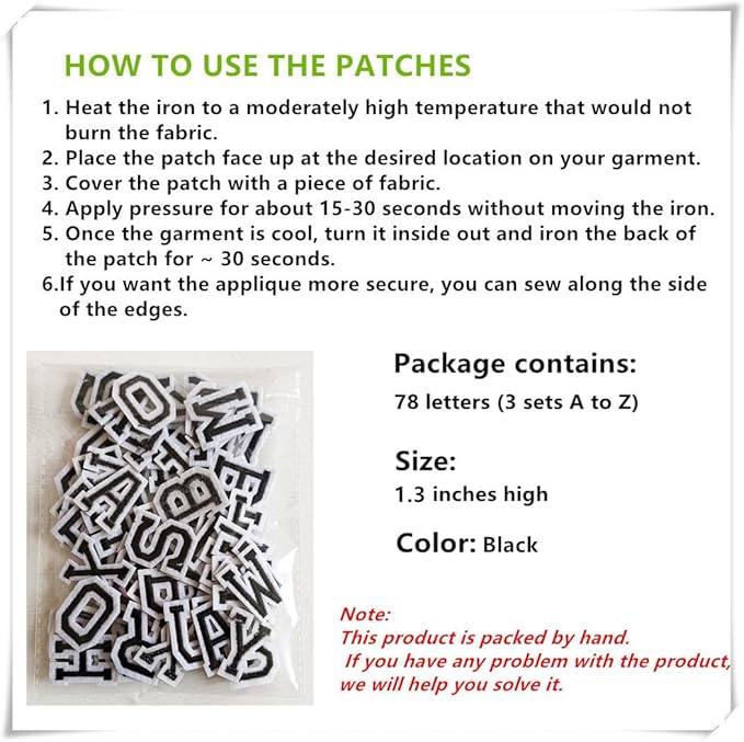 1.3 inch Iron on Letter Patches 78 Pieces, A-Z Embroidered Alphabet Patches for Clothing Jackets Hats Backpacks Jeans Black