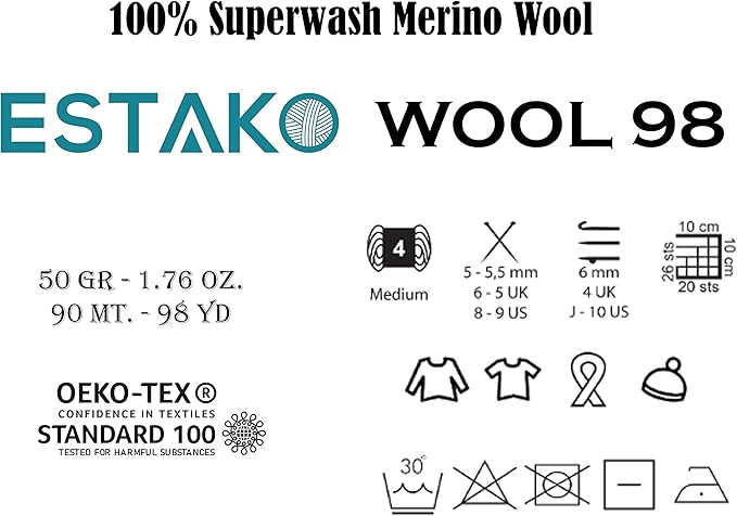 Estako Wool 98 (4- Skeins Pack) 100% Superwash Merino Wool Medium Worsted Weight Soft Knitting and Crochet Yarn (4 x 1.76 oz) (4 x 98 yds) (6371-Green)