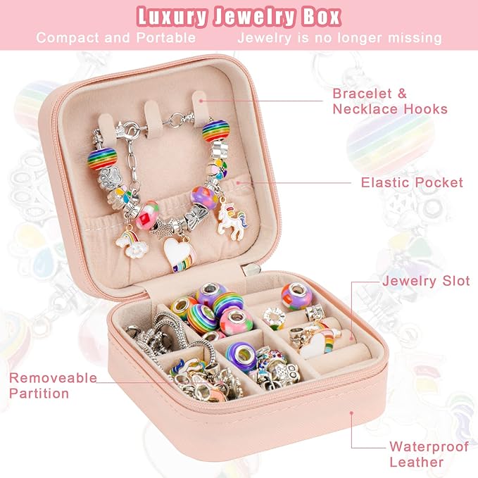 Hysagtek Charm Bracelet Making Kit - 66 Pcs DIY Jewelry Making Kit Bracelet Making Kit Beads Necklace Crafts for Teen Girls with Portable Bracelet Organizer Box, Rainbow