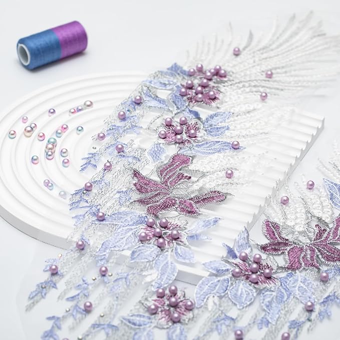 Beaded Pearl Flower Fabric Lace Applique, Floral Embroidered Patches Handmade Sewing Tool for DIY Neckline Bodice Wedding Bridal Prom Dress(Purple-Small)