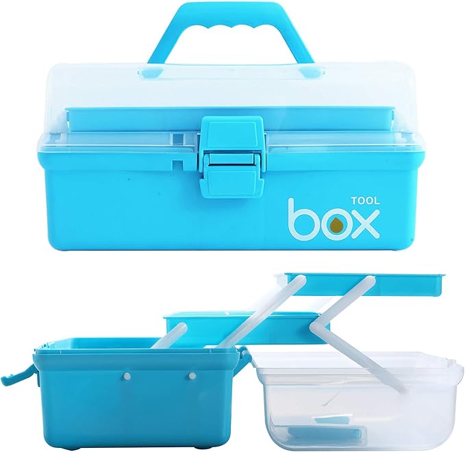 Sunxenze 12'' Three-Layer Clear Plastic Craft Storage Box, Tool Box/Sewing Box Organizer, Art Storage Box with Handle (Light Blue)