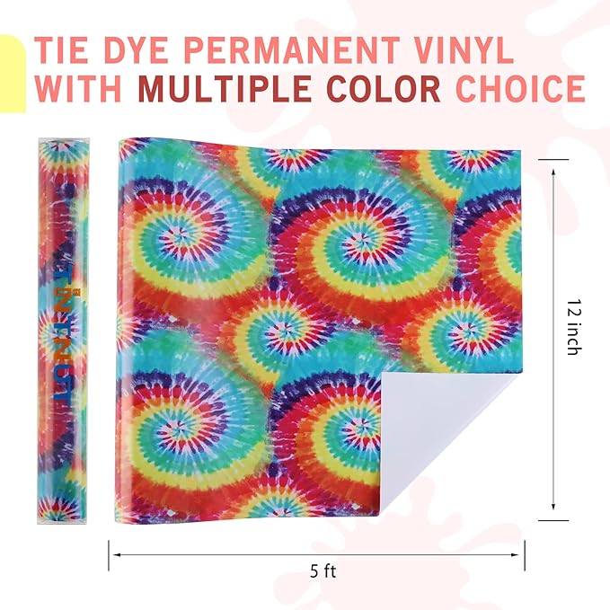 Tintnut Tie Dye Permanent Vinyl Roll - 12 inch x 5ft, Seamless Color Gradient Permanent Adhesive Vinyl, Swirl Pattern Water Proofing Self Sticker Water Proofing