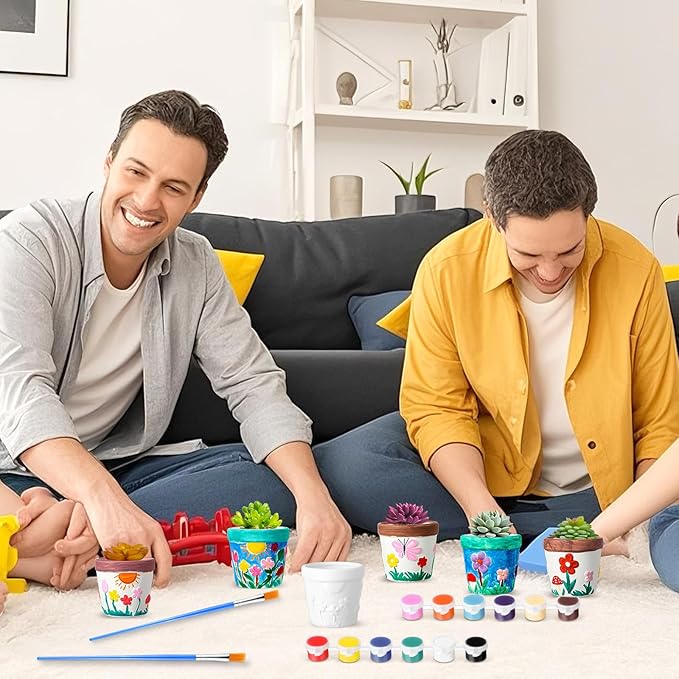 Pasimy 6 Set DIY Ceramic Succulent Planter Pots Paint Your Own Flower Pots Craft Kit Unpainted Bisque Paintable Flowerpot with Brush Palette Ready to Paint for Family Activity Gift(Classic)