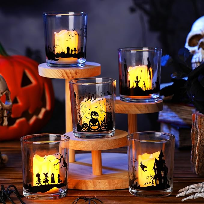Ziliny 10 Pcs Halloween Village Glass Candle Jars Empty Containers Bulk 7 oz Halloween Glass Jars with Cork Lids Tins for Holiday Candle Making Storing Biscuits Tea Party Favors