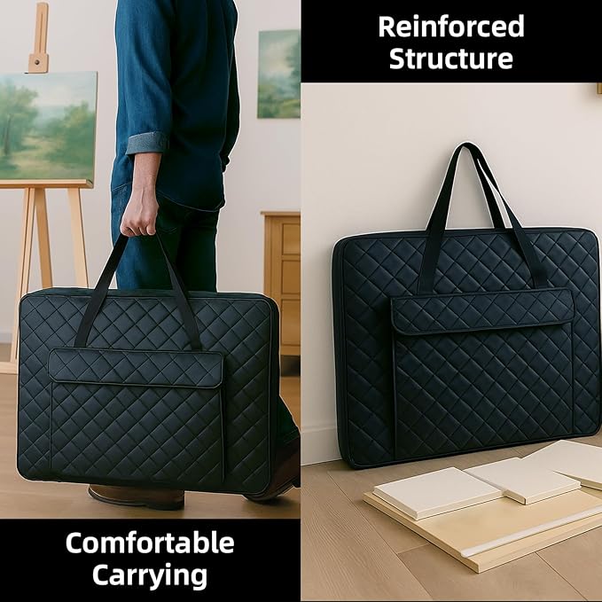 JJRING 18x24 Quilting Portfolio Bag, Lightweight Black Art Canvas Portfolio Case, Portable Storage Case for Posters, Artwork, Drawing and Sketching Boards