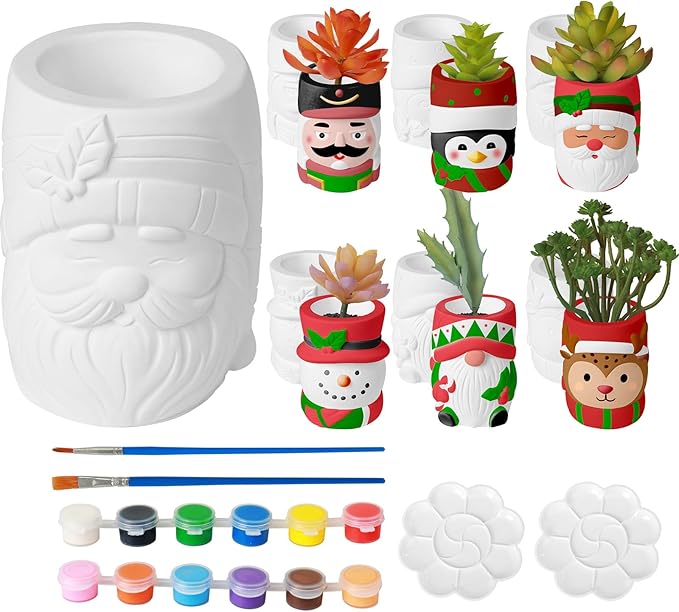 6 Pcs Christmas Ceramics Succulent Planters - Ready to Paint Your Own Garden Statues, DIY Paintable Ceramics Figurines Kit Crafts with Brush Palette for Adults Boys Girls (4.3 inch)