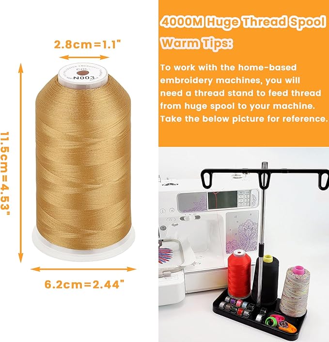 New brothread - Single Huge Spool 4000M Each Polyester Embroidery Machine Thread 40WT for Commercial and Domestic Machines - Gold (Janome Color)