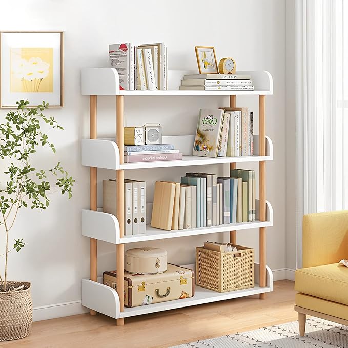 4-Tier Wooden Open Bookcase - Modern Display Bookshelf with Top Edge and Solid Wood Frame for Home and Office, Storage Cabinet, Warm White