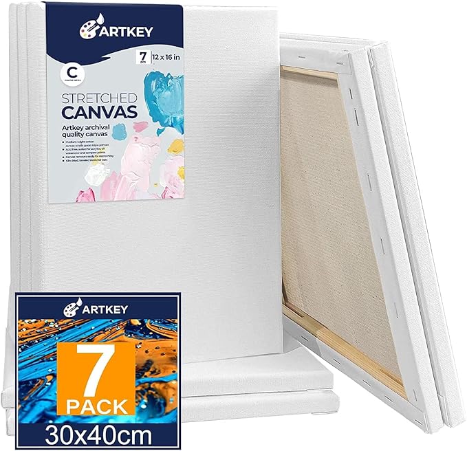 Stretched Canvases for Painting 12x16 Inch 7-Pack, 10 oz Triple Primed Acid-Free 100% Cotton Blank Canvas, Rectangular Canvas for Oil Paint Acrylics Pouring & Wet Art Media