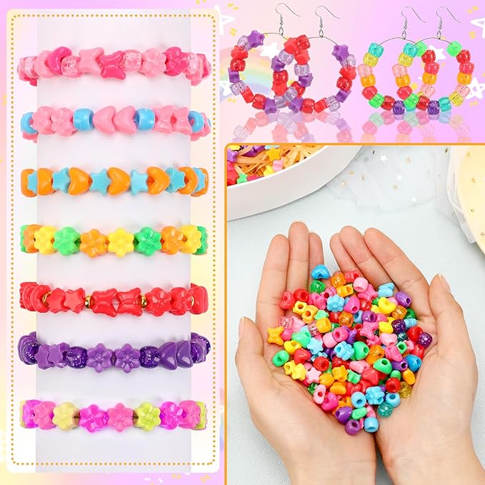 UPINS 1200 Pcs Colored Shaped Pony Beads - Mixed Perforated Assorted Heart Flower Star Butterfly Beads for Jewelry Making Friendship Bracelets Necklace Craft Hair Beaded