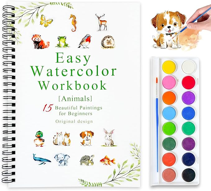 Watercolor Workbooks, 16 Colors Water Color Books Paint Set for Adults, Watercolor Coloring Book for Beginners, Water Color Workbook, 15 Beautiful Paintings for Beginners (Animals)