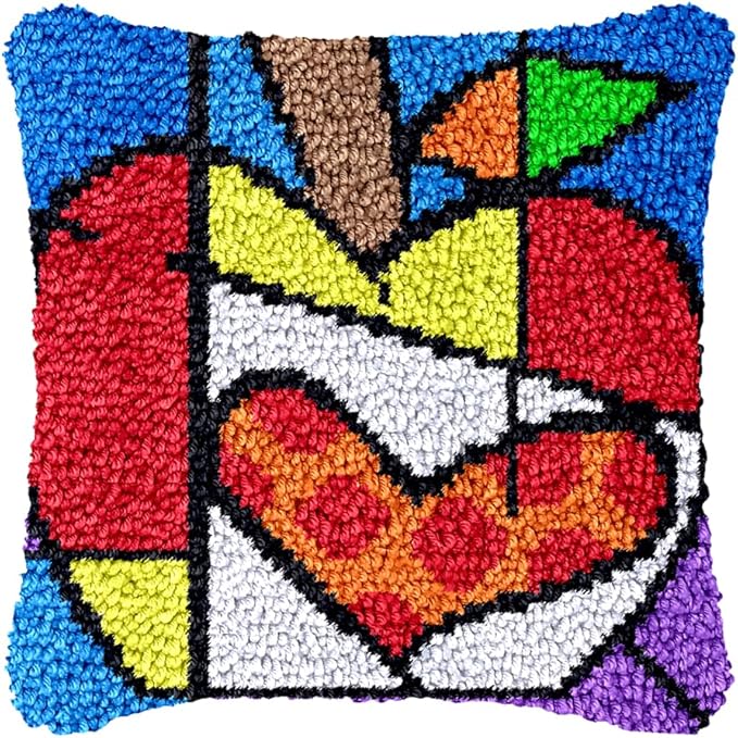 DL-YTG Latch Hook Kits Pillow Apple Crochet Yarn Cushion Colour Pre-Printed Canvas Rug Needlework DIY Pillowcase Hook and Latch Kit Christmas Home Arts Crafts Sofa Decoration 16X16inch