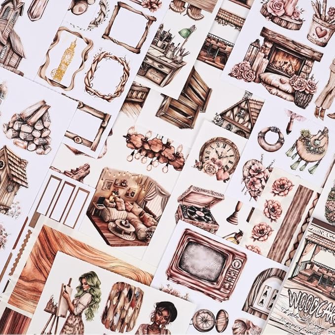 Vintage Scrapbook Stickers for Junk Journaling, 20 Sheets A5 Size Scented Wood Moment Theme Precut Sticker Book, Ephemera for Junk Journals Supplies, Scrapbooking, Scrap Book, Collage, Crafts Arts