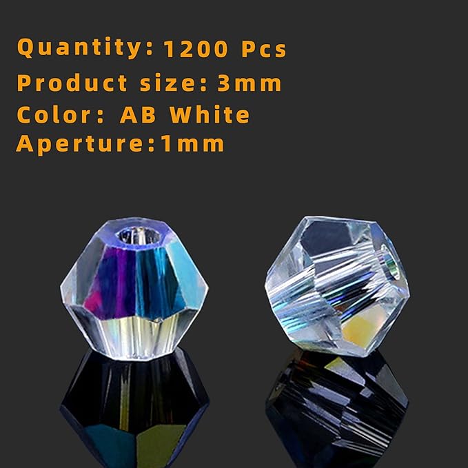 1200PCS 3mm Bicone Crystal Glass Beads for Jewelry Making, Sparkling Mini Beads for Suncatchers, DIY Bracelets & Craft Projects (AB White)