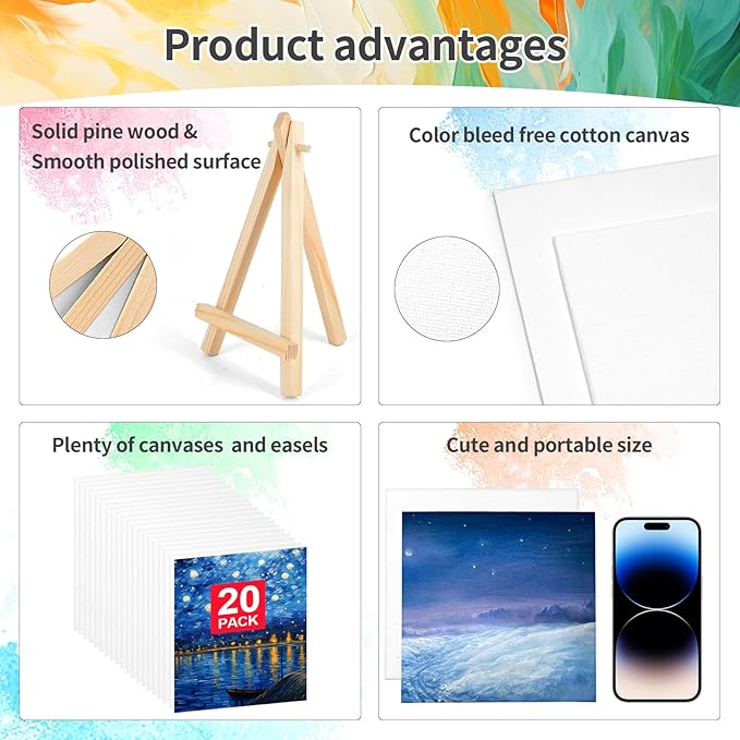 5 Pack 5.9In Canvas Boards for Painting, Art Canvas for Drawing with 20 Brushes & 5 Paint Trays, Mini Painting Canvas with Easel Set, Painting Kits for Adults & Kids Party