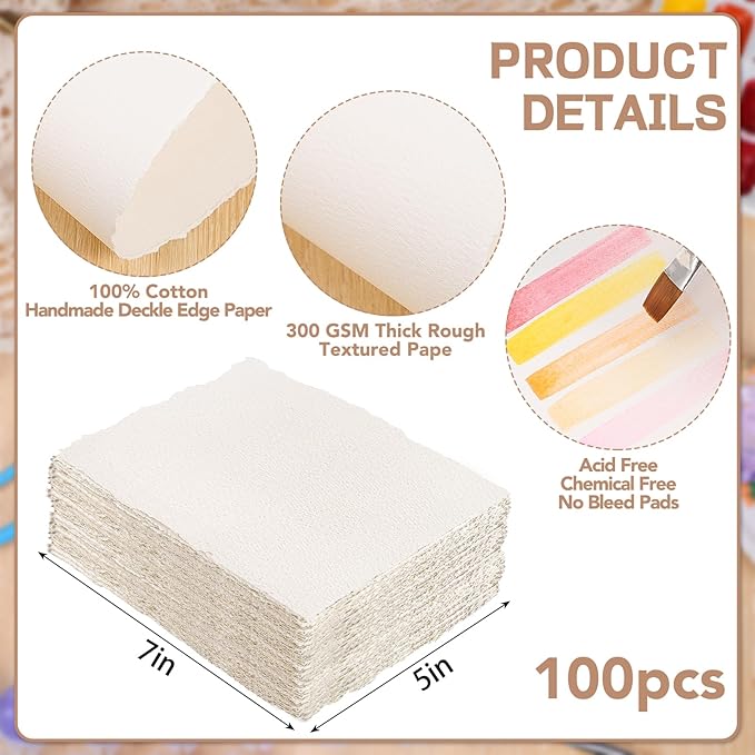 100 Sheets Watercolor Paper 5 x 7inch, 300 GSM Deckled Edge Paper Rough/Textured Handmade Paper for Watercolors, Wedding Invitations, Cards, Crafts