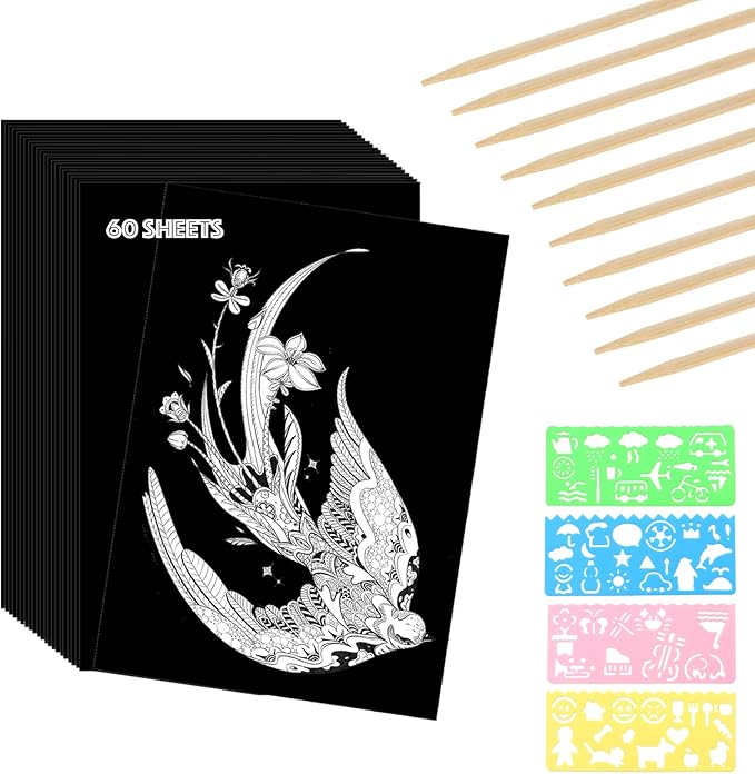 60 Sheets Scratch Paper Art Set, Black Coated Scratchboard Craft Kits, Laser Scratch Paper, Scratch Art Paper for Adult (7.1"x4.8")
