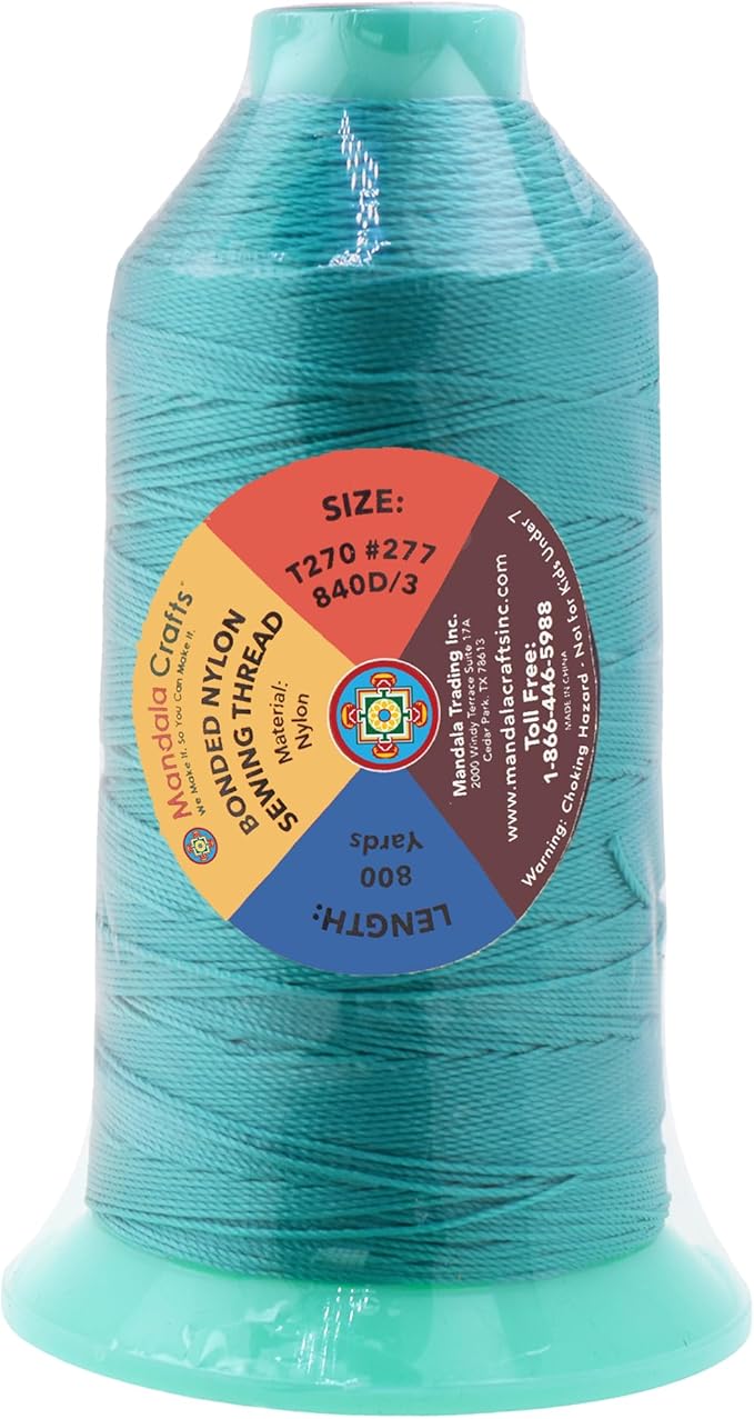 Mandala Crafts Bonded Nylon Thread Turquoise Heavy Duty Sewing Threads - 800 YDs Size 277 840D T270 Tex 270 Thread for Leather Jeans Weaving Outdoor Marine Upholstery Threads