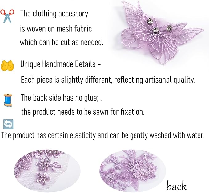 Flower Pearl Fabric Rhinestones Beaded Lace Applique,3D Butterfly Embroidered Lace Patch for Clothes,Dress (Purple)