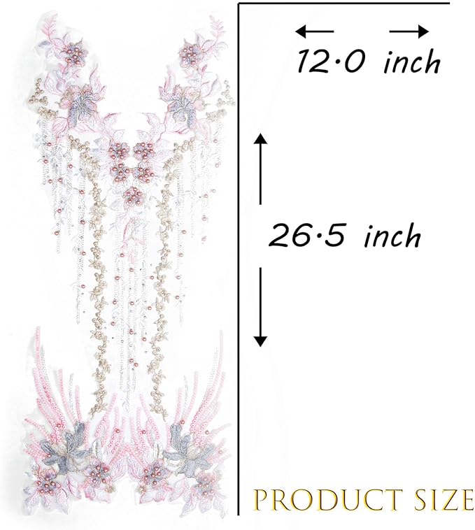 Beaded Pearl Flower Fabric Lace Applique, Floral Embroidered Patches Handmade Sewing Tool for DIY Neckline Bodice Wedding Bridal Prom Dress(Pink-Large)