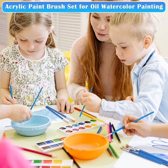 Small Paint Brushes Bulk, Anezus 50 Pcs Flat Tip Paint Brushes with Round Acrylic Paint Brushes Set Craft Brushes for Classroom Acrylic Watercolor Canvas Face Painting Touch Up