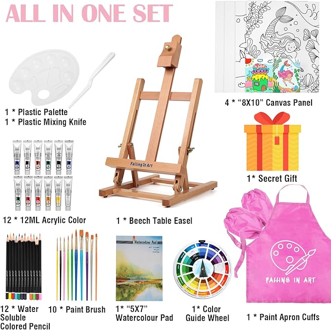 Falling in Art Tabletop Easel Set, Portable Wooden Art Easel Painting Kits for Kids, Easel for Painting Canvases, Including 12 Colors Acrylic Paints, 10 Paintbrushes and 4 Canvas Panels, Pink