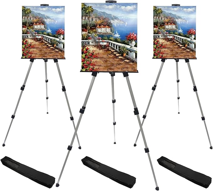 RRFTOK Art Painting Display Artist Easel Stand,Aluminum Metal Tripod Adjustable Easel for Painting Canvases Height from 17 to 66 Inch,Carry Bag for Table-Top/Floor Drawing and Displaying(3pack).