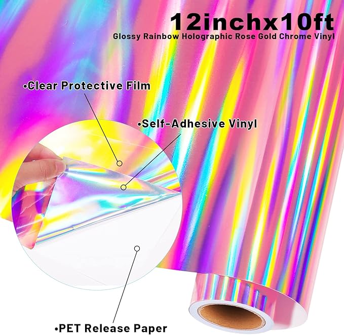 GIRAFVYINL Holographic Pink Permanent Vinyl Permanent - 12” X 10FT Glossy Hot Pink Vinyl Permanent for DIY Home and Car Decor, Tumbler