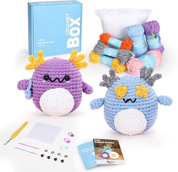 Crochet Kit for Beginners: 2 PCS Axolotl Crochet Kit, Create Your First, Include Hook, Soft Yarn, and Accessories, Starter DIY Crafts for Adults, Teens