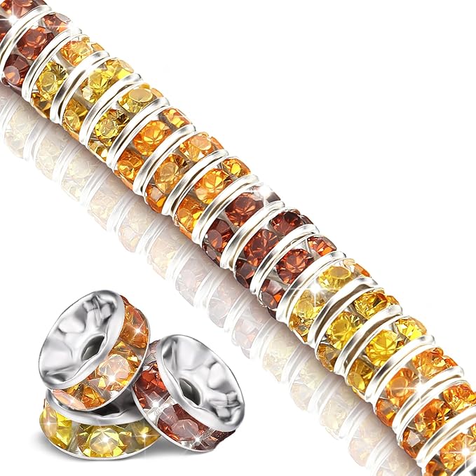 Ferreve 600 Pcs Fall Spacer Beads for Jewelry Making 8mm Yellow Brown Orange Rhinestone Crystal Spacer Beads for Beaded Pens DIY Thanksgiving Autumn Harvest Holiday Bracelet Necklace Gifts Crafts