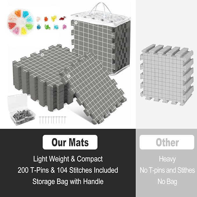 MEVOME Blocking Mats for Knitting 200 T-pins 100 Locking Stitch Markers, Extra Thick Block Boards Crochet Projects Grid Lines Needlepoint Knit Crocheting, 9 Foam Interlocking Mat Storage Bag (Gray)