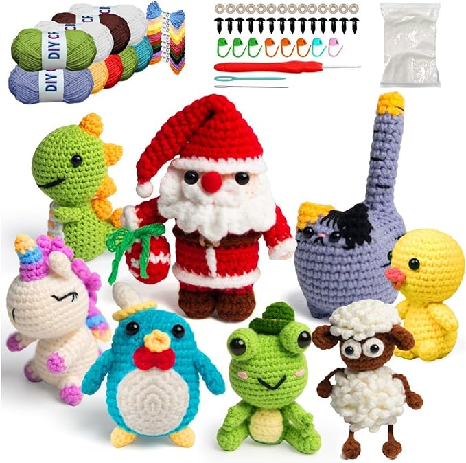 YOKISS 8Pcs Beginner Crochet Starter Kit, Creative Christmas Gifts & Birthday Gifts for Adults & Kids, Popular DIY Patterns, 40% Extra Yarn Crochet Animals Kits with Step-by-Step Video Tutorials