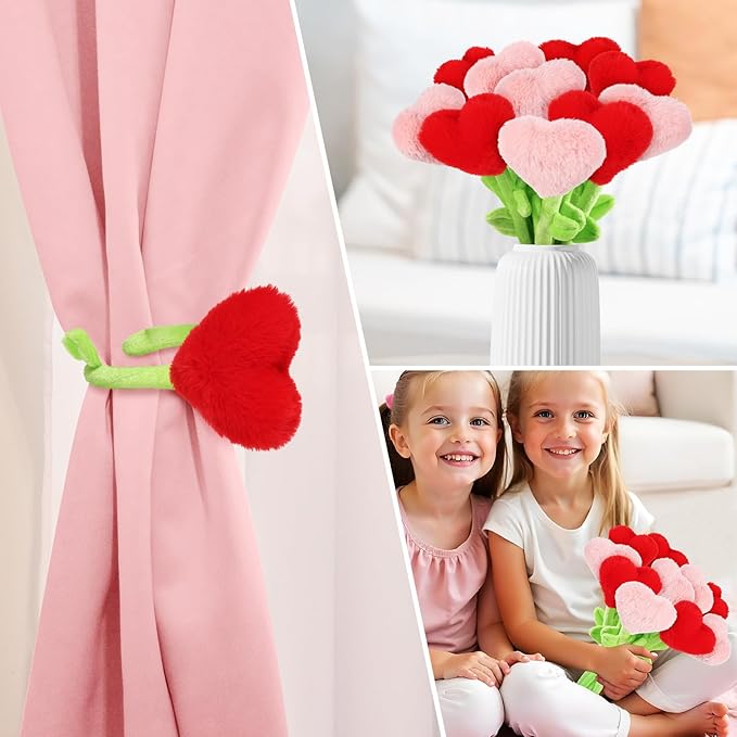 10 Pcs Plush Heart Flower Stuffed Bendable Stems Plush Bouquet Toy Soft Rose Flower 12.6 Inch for Christmas 2025 Mother's Day Girl Girlfriend Wife(Red and Pink Heart)
