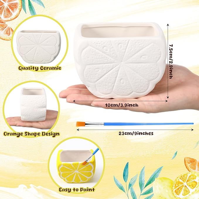 Pasimy 6 Set DIY Ceramic Succulent Planter Pots Paint Your Own Flower Pots Craft Kit Unpainted Bisque Paintable Flowerpot with Brush Palette Ready to Paint for Family Activity Gift(Orange)