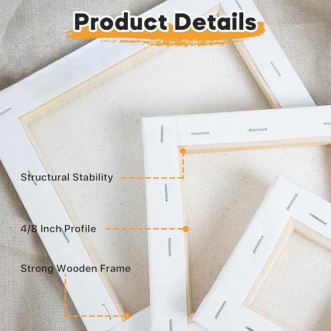 CONDA Mini Stretched Canvas for Painting, 4x4 inch 12 Pack of Art Small Canvases for Kids Artists,100% Cotton Primed Blank Canvas, 4/8 Inch Profile Value Bulk Pack for Acrylics, Oils Painting