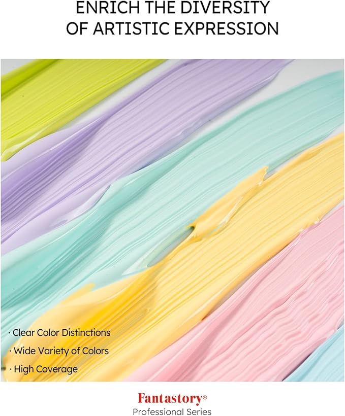 Fantastory Pastel Acrylic Paint Set, 24 x 2oz Creamy Pastel Colors +12 Brushes, Exceptional Coverage, Craft Painting Kit, for Canvas/Rock/Ceramic/Model/Wood,Painters,Instructors. [Professional Series]