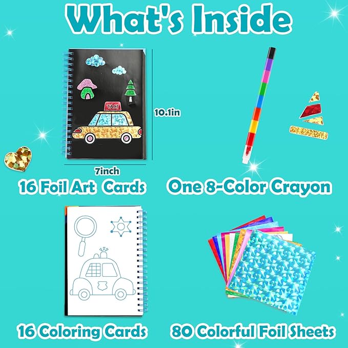 FUNNYB&G Foil Art Craft for Kids - Christmas Crafts Gift Party Favors Stocking Stuffers for Kids Fun Art Supplies Creative Birthday Gift Travel Toys for Girls Boys 4 5 6 7 8 9 Years Old (Vehicle)