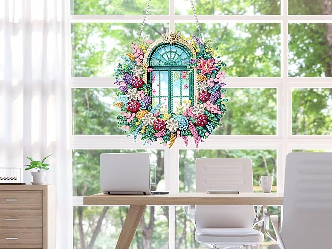 Flower-Window Diamond Painting Kits for Adults, DIY Pendant Diamond Art Kits for Beginners, 5D Special Shape Full Drill Hanging Diamond Gem Art Painting Kits for Window Suncatchers for Home Wall Decor