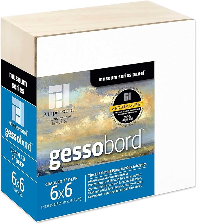 Ampersand Art Supply Gesso Wood Painting Panel: Museum Series Gessobord, 6" x 6", 2" Cradled Profile