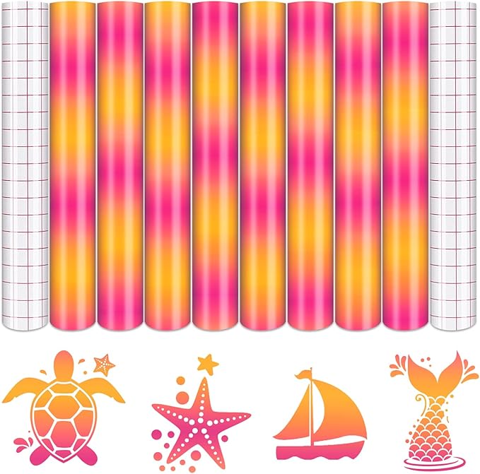 Tintnut Orange Pink Permanent Vinyl - 8 Sheets 12"x10" Gradient Adhesive Self Sticker, Ombre Glossy Self Sticker Water Proofing Vinyl Compatible with Cricut Or Silhouette