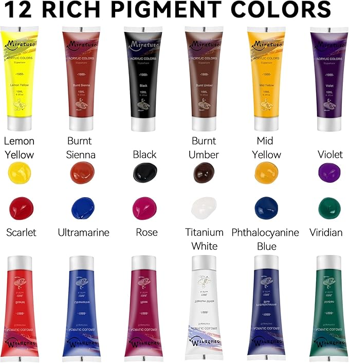 Deluxe Art Supplies 27 Pieces Art Set with Tabletop Easel, 12 Colors Acrylic Paint, 10 Paint Brushes, 3 Canvas Panels, Palettes